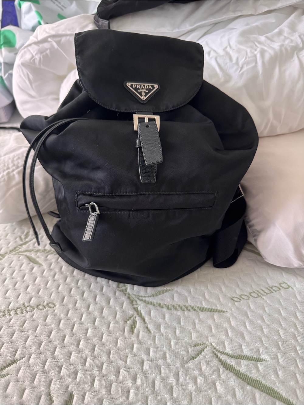Prada Black Nylon Drawstring Backpack with Front Zip